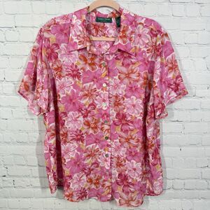 Vintage Blouse Women Plus 2X Hawaiian Vibrant Multicolor Floral Bead Button Top